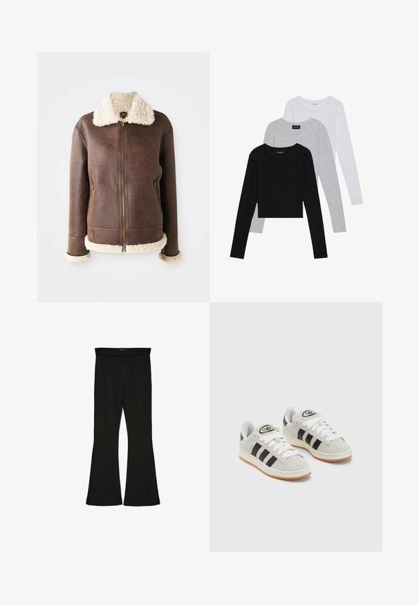 Braune Lederjacke mit einem cremigen Schaffellkragen und -manschetten. Verfügt über einen Frontreißverschluss und zwei seitliche Taschen. Abgenutzte Textur im gesamten Kleidungsstück.; Drei langärmelige Oberteile gestapelt: schwarz, grau und weiß. Jedes hat einen runden Halsausschnitt und ein kurzes Design aus glattem, leichtem Stoff.; Schwarze Schlagleggings aus dehnbarem Stoff. Sie verfügen über einen breiten Bund und eine glatte Textur, mit einer enganliegenden Silhouette, die am Saum ausgestellt ist.; Graue Wildledersneaker mit weißen Schnürsenkeln, schwarzen Streifen und einer weißen Gummisohle. Merkmale sind ein kreisförmiges Logo auf der Zunge und eine Gummisohle.