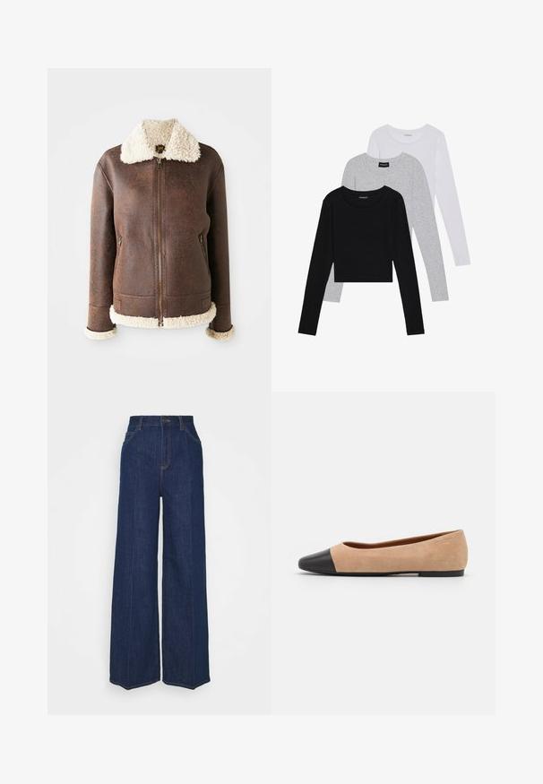 Veste en cuir brun avec un col et des poignets en fausse fourrure crème. Comprend une fermeture éclair sur le devant et deux poches latérales. Texture vieillie sur l'ensemble.; Trois hauts à manches longues empilés : noir, gris et blanc. Chacun a un col rond et un design court avec un tissu lisse et léger.; Jeans larges bleu marine à taille haute, avec passants de ceinture, fermeture éclair à l'avant et détails de couture subtils. Fabrication en toile de jean.; Ballet flat en suédine beige avec un embout rond en cuir noir, petit talon et texture lisse, présentant des coutures minimales et un design épuré.
