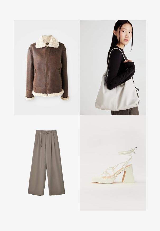 Giubbotto in pelle marrone con colletto e polsini in morbida pelliccia. Presenta una zip frontale e due tasche laterali. Texture invecchiata in tutto il capo.; Maglietta a maniche corte beige chiaro con scollatura rotonda, realizzata in un tessuto morbido e liscio. Presenta una vestibilità comoda e un orlo dritto.; Pantaloni a gamba larga in un morbido tessuto grigio tenue, con vita con cintura e pieghe per un tocco di design aggiuntivo. Texture liscia, senza motivi.; Sandalo bianco con tacco alto, caratterizzato da un design a cinturini e un legaccio alla caviglia. Texture liscia con una piattaforma frontale per un'altezza aggiuntiva.; Borsa a mano beige realizzata in materiale morbido, caratterizzata da un design morbido, dettagli cuciti e due manici. Adatta per l'uso quotidiano.