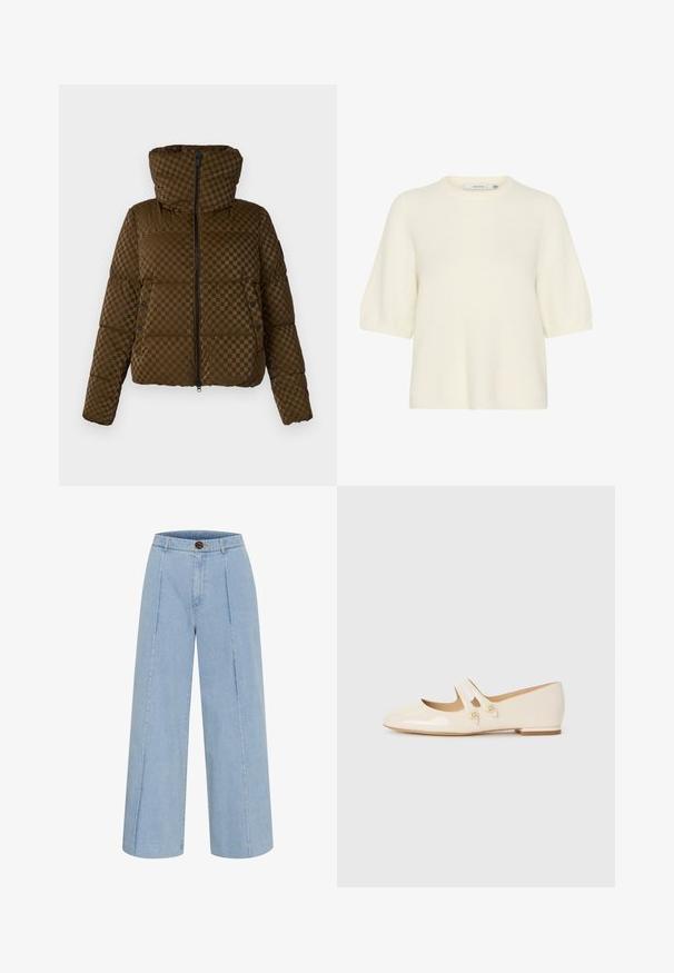 Hnedá pamperská bunda s kockovaným vzorom, s predným zipsom a kapucňou. Má cvočky na stranách a textúrovanú tkaninu.; Krátky rukáv, sveter s okrúhlym výstrihom vyrobený z mäkkého a nadýchaného materiálu v smotanovej farbe. Má voľný strih s rebrovanými manžetami a lemom.; Svetlomodré džínsy s voľným strihom vyrobené z denimu, s gombíkovým zapínaním a dvoma vertikálnymi švami vpredu.; Slonovinové balerínky z patentovanej kože s dvoma dekoračnými remienkami a zlatými gombíkmi, s okrúhlou špičkou a nízkym blokovým podpätkom.