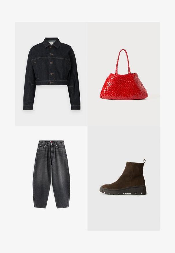 Tamsios spalvos trumpa džinsinė striukė su sagų užsegimu, ilgomis rankovėmis, dviem šoninėmis kišenėmis ir kontrastingomis siūlėmis. Klasikinio stiliaus apykaklė.; Šviesiai mėlynas ilgomis rankovėmis polo marškinėliai su horizontaliomis pilkomis ir baltomis juostelėmis bei apykakle.; Aukštos liemens juodi džinsai su laisvu siluetu, kurie turi penkis kišenes, diržo kilpas ir prekės ženklo etiketę ant juosmens.; Rudos zomšiniai auliniai batai su masyvi juoda guminėmis padais, turintys šiek tiek pakylą ir kilpą gale, kad būtų lengva užsidėti.; Raudona pintinė rankinė su blizgiu paviršiumi, turinti pintas rankenas. Išskirtinė trikampė forma ir tekstūruotas paviršius su tankiu raštu.