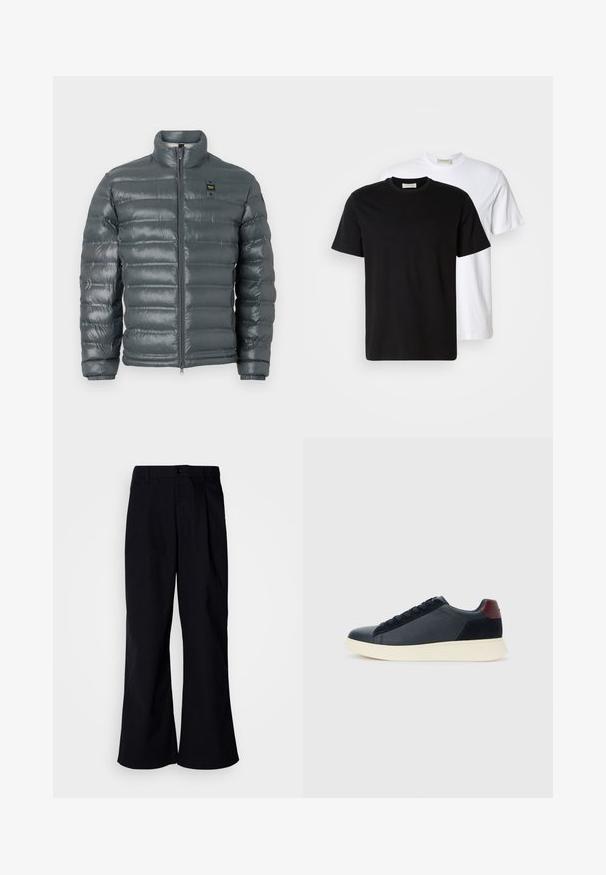 Pufová bunda v tmavošedej farbe, prešívaná textúra, vysoký golier, celopredný zips, elastické manžety a malý logotypový detail blízko vrchu na ľavej strane.; Dve obyčajné bavlnené tričká, jedno čierne položené pred bielym, obe s krátkymi rukávmi a okrúhlymi výstrihmi.; Čierne široké nohavice z bavlny s predným záhybom, s uzatváraním na gombík a pútkami na opasok, hladká textúra a žiadne viditeľné vzory.; Pánske nízkopoložené tenisky z čiernej kože a semisuku s vínovým pätovým pásikom a bielou gumovou podrážkou, zobrazené z vonkajšej strany.