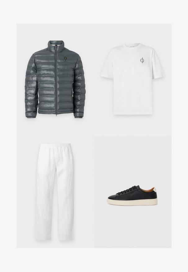 Jakna s punjenjem u tamno sivoj boji, kockasti dezen, visoki ovratnik, pun zip sprijeda, elastični manžeti i mali logo detalj blizu vrha s lijeve strane.; Bijela pamučna majica s opuštenim krojem, s malim crnim grafičkim logotipom na lijevoj prečki. Kratki rukavi, okrugli izrez.; Bijele lanene hlače s elastičnim pojasom, ravnim krojem i mekanom teksturom bez vidljivih uzoraka ili metalnih detalja.; Crne kožne tenisice s glatkom teksturom, bež gumeni đon, dizajn s vezicama i kontrastni detalj na peti.