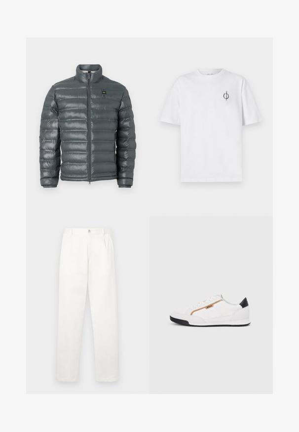 Pufová bunda v tmavošedej farbe, prešívaná textúra, vysoký golier, celopredný zips, elastické manžety a malý logotypový detail blízko vrchu na ľavej strane.; Biela bavlnená tričko s voľným strihom, s malým čiernym grafickým logom na ľavej strane hrudníka. Krátke rukávy, okrúhly výstrih.; Biele nohavice vyrobené z hladkej tkaniny, s rovnými nohavicami, prednými záhybmi a jedným gombíkom na zapínanie v páse.; Biele športové topánky s akcentmi z korku a kože. Obsahujú zlaté logo "BOSS", textúrované bočné panely a čierny pätník. Gumová podrážka.