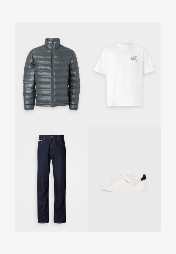 Sötét szürke puffertakaró, steppelt textúrájú, magas gallérral, teljes cipzárral az elején, rugalmas mandzsettákkal és egy kis logó részlettel a bal oldalon, fent.; Fehér pamut póló rövid ujjakkal, kerek nyakkal, a bal mellkas részen fekete CK logóval, normál szabású, sima tapintású.; Sötétkék farmernadrág egyenes szárú kialakítással, gombos cipzárral, öt zsebbel és kontrasztos varrási részletekkel.; Fehér sportcipők világos rózsaszín és fekete részletekkel, sima bőrből és velúrból készült panelek, kerek orr és lapos gumitalp.