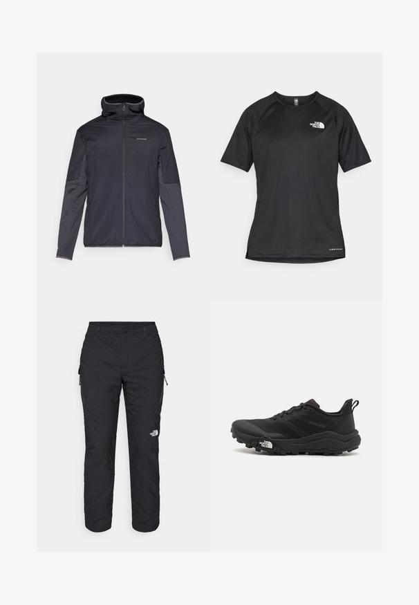 Férfi dzseki sötét szürke színben, elől cipzárral, magas gallérral, hosszú ujjakkal és oldal zsebekkel. Simább, könnyű anyagból készült.; Fekete, rövid ujjú sportpóló struktúrált anyagból, bal mellen fehér logóval és egyenes aljjal.; The North Face WINTER EXPLORATION TAPERED CARGO - Szabadtéri nadrágok - black; Fekete terepfutó cipő, textúrált felső résszel, gumitalppal és megerősített lábujjrészével. Párnázott bokarésszel és húzófüllel rendelkezik a könnyű felhúzáshoz.