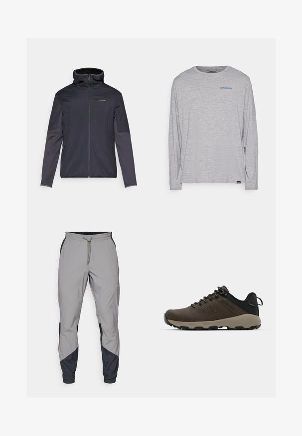 Men’s jacket in dark gray, featuring a zip front, high collar, long sleeves, and side pockets. Made from smooth, lightweight material.; Light gray long-sleeve t-shirt made of soft, textured fabric. Features a crew neck and a small blue Patagonia logo on the chest.; Lightweight, gray athletic pants with black accents. Elastic waistband, drawstring closure, tapered leg design, and side pockets.; Brown waterproof sneakers with a textured upper, perforated accents, black heel support, and a grey rubber sole. Laces are styled with metallic ends.