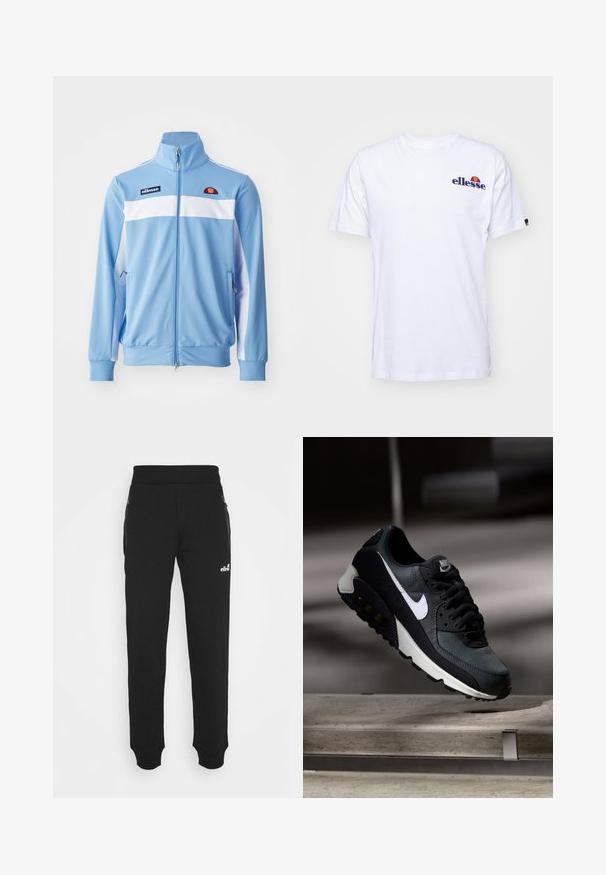 Heled sinine jooksjakas, millel on valged horisontaalsed triibud, lukuga ees, kõrge krae, küljetaskud ja tikandiga logo rindkere kohal. Sile kangastekstuuri.; Valge puuvillane t-särk lühikeste varrukatega, millel on vasakus rinnas tumesinine broderi logo ning logo kohal erksavärviline aktsent.; Mustad mustadest kangast valmistatud dressipüksid, millel on kitsenev jalgade disain, elastne vöökoht, küljetaskud tõmblukuga ning väike logo aksessuaar.; Must must ja rohelised tossud, millel on mustriline võrgu pealmine osa, valge Swoosh-logo, pehmendatud krae ja nähtav õhutusüksus tallas.