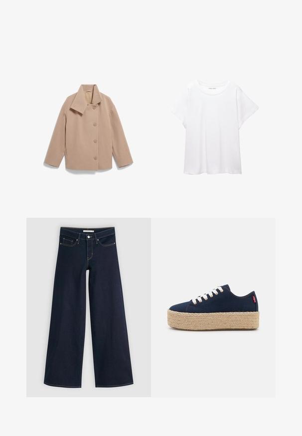 Beige wollen blazer met een brede kraag, sluiting met knopen aan de voorkant en lange mouwen. Heeft een boxy silhouet en zachte textuur.; Witte T-shirt van zacht, lichtgewicht stof. Heeft een ronde halslijn en korte, brede mouwen met een ontspannen pasvorm. Geen zichtbare patronen.; Brede jeans in donkerdenim met oranje stiksels, knoopsluiting, twee voorzakken en een soepele textuur. Kenmerkt zich door een nette zoom.; Marine canvas platform sneakers met beige jute zool, witte veters en roségouden ogen. Voorzien van een verhoogde hak en textielstructuur.