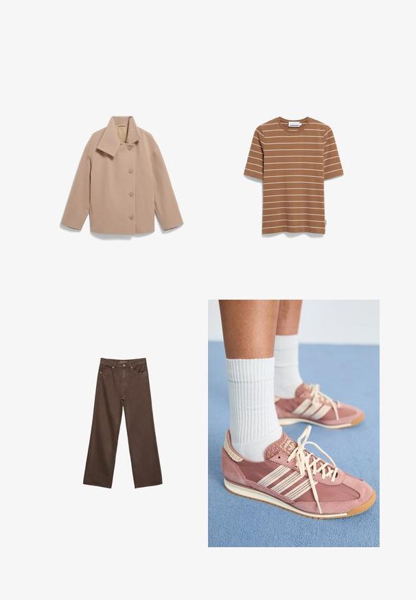 Beige wool-blend jacket with a wide collar, front button closure, and long sleeves. Features a boxy silhouette and soft texture.; Brown cotton t-shirt with white horizontal stripes, short sleeves, and a crew neck. Features a brand label on the inner neck.; Wide-leg brown jeans made of denim, featuring a high waist, front pockets, and a classic button closure. Smooth texture with subtle stitching.; Pink suede and nylon sneakers with white stripes and laces. Textured accents and light rubber sole. Paired with white ribbed socks.
