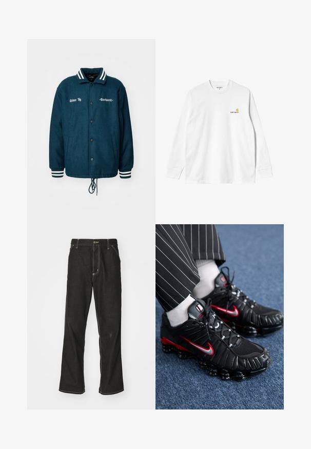 Donkergroene wollen jack met witte gestreepte kraag en manchetten, knoopsluiting, twee zijzakken en tekstborduring aan de voorkant.; Witte katoenen T-shirt met lange mouwen en ronde hals, met een klein geel en bordeaux logo op de linkerborst. Naadloze manchetten en zoom.; Zwarte denim jeans met een losse pasvorm, voorzien van contrasterende witte stiksels, een knoopsluiting en een recht ontwerp.; Zwarte sportieve schoenen met rode en zilveren accenten, mesh en gestructureerde synthetische materialen, vetersluiting en een zichtbare dempingszool.