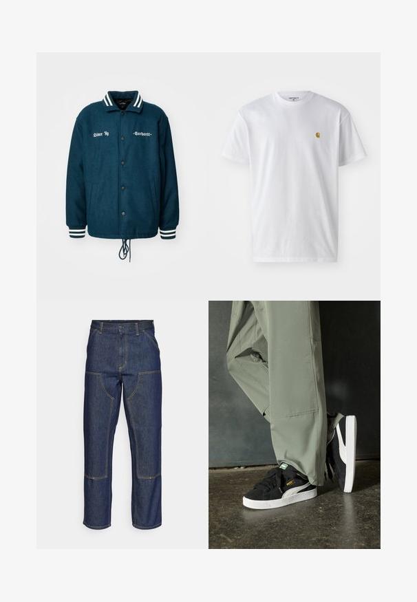 Tummanvihreä villatakki, jossa on valkoiset raidalliset kaulus ja hihansuut, nappikiinnitys, kaksi sivutaskua ja tekstipistot etupuolella.; Valkoinen puuvillapaita lyhyillä hihoilla, pyöreä kaula-aukko, jossa on pieni kultainen logo vasemmassa rintapielessä. Pehmeä kangas ja normaali istuvuus.; Tummansiniset farkut, joissa on korkea vyötärö, suora lahje, eriväriset ompeleet ja etupuolella pakki-taskut.; Mustat mokkakengät, joissa on valkoiset kumipohjat ja sivuraitoja, yhdistettynä vaaleanvihreisiin cargo-housuihin, seisoen tummalla teksturoidulla pinnalla.