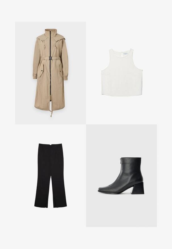Trench-coat beige à capuche avec fermeture éclair à l'avant, taille cintrée, deux poches plaquées et poignets élastiques. Fabriqué en tissu léger et froissé.; Haut sans manches blanc avec un col rond, présentant une texture subtile, un détail en forme de trou de serrure au dos et un ourlet droit.; Pantalon noir avec une coupe droite, doté de poches avant et d'éclairs sur l'ourlet. Fabriqué en tissu doux et lisse. Convient à diverses occasions.; Bottine en cuir noir avec un bout carré, fermeture éclair sur le côté et talon bloc sur fond clair uni.