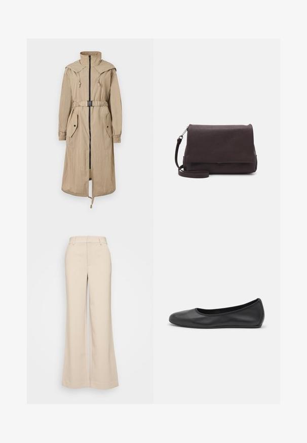 Béžový trench kabát s kapucňou, ktorý má predný zips, stiahnutý pás, dve náprsné vrecká a elastické manžety. Vyrobený z ľahkej, pomačkanej látky.; Biela košeľa s dlhým rukávom a golierom vyrobená z bavlny. Má zapínanie na gombíky vpredu a jednu náprsníku vrecko. Hladká textúra, voľný strih.; Bežové nohavice s širokými nohavicami a hladkou textúrou, s vysokým pásom a dvoma prednými vreckami. Čistý dizajn s prispôsobeným strihom.; Čierne kožené baleríny s okrúhlou špičkou, hladkým povrchom, minimálnym prešívaním a flexibilným dizajnom podrážky.; Tiger of Sweden LIMBIATE UNISEX - Taška cez plece - pure decadence