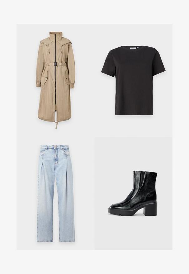 Beige krāsa ar kapuci, trenčmēte, kas ir ar priekšējo rāvējslēdzēju, ar savilktu jostasvietu, divām kabatām un elastīgām aprocēm. Izgatavota no viegla, krunkaina auduma.; Melns kokvilnas t-krekls ar īsām piedurknēm, apaļu kakla izgriezumu un vienkāršu, tīru dizainu. Nav redzamu rakstu vai rotājumu.; Gaiši zilas džinsu bikses ar augstu jostasvietu, plats kāju griezumu, divām sānu kabatām un krokotā dizaina akcentiem. Mīksta tekstūra ar izdilušu apdari.; Melnas lakotas ādas potītes zābaki ar izliekto purngalu, elastīgām sānu paneļiem un masīvu blokveida papēdi. Aizmugurē ir izsistā logo.