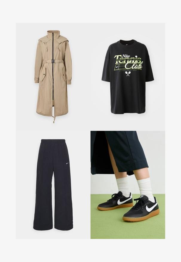 Beige huva trenchcoat med frontdragkedja, åtsittande midja, två framfickor och elastiska ärmar. Tillverkad av lätt, skrynkligt tyg.; Svart bomullst-shirt med kort ärm, med en grön och vit grafik av "Nike Tennis Club", samt illustrationer av en tennisboll och en racket.; Svarta byxor med vida ben, elastisk midja och en liten vit Nike-logotyp. Tyget har en slät yta, designad för komfort och avslappnad användning.; Svarta läder- och syntetiska sneakers med vit Nike-logga, gummisula, rund tå och svarta snörningar. Ribbad vit strumpor synliga.