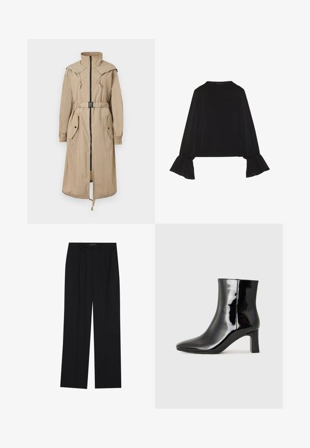 Beige hooded trench coat featuring a front zipper, cinched waist, two patch pockets, and elastic cuffs. Made of lightweight, wrinkled fabric.; Black long-sleeve top featuring flared cuffs, soft texture, and a relaxed fit, with a simple round neckline.; Black trousers with a straight-leg design, featuring two front pockets and a waistband. Made from a smooth, lightweight fabric.; Black patent leather ankle boot with a pointed toe and a mid-height block heel. Smooth texture and minimalist design.