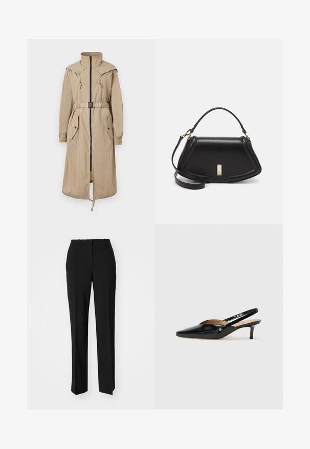 Trench coat beige con capucha que cuenta con un cierre frontal, cintura ceñida, dos bolsillos de parche y puños elásticos. Está hecho de un tejido ligero y arrugado.; Camiseta blanca recortada, con mangas cortas y anchas, material de algodón suave, cuello redondo con un sutil ribete naranja, diseño minimalista, sin patrones ni gráficos.; Pantalones negros ajustados con un diseño de pierna recta, que presentan una textura suave y pliegues nítidos en el frente. Sin herrajes visibles.; Zapato de tacón slingback de charol negro con punta afilada, tacón pequeño y un diseño recortado en la parte superior. Accesorio de metal en tono dorado en el lateral.; Bolso de mano de cuero negro con un diseño estructurado, que presenta una forma recortada, asa superior y acentos en dorado. Correa de hombro ajustable incluida.