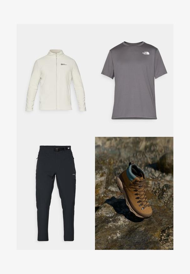 Jack Wolfskin TAUNUS - Jakna od flisa - seal; Sivi kratki rukav sportski majica izrađena od glatkog, laganog materijala. Sadrži bijeli logo na lijevoj strani prsnog dijela. Dizajn s okruglim izrezom.; Columbia ESSENTIAL HIKE™ PANT - Hlače za otvoreno - black; Smeđe planinarske čizme sa sintetičkim gornjim dijelom, svijetloplavim okvirom, metalnim rupama za vezivanje i teksturiranom gumom potplatom. Dizajnirane za aktivnosti na otvorenom.