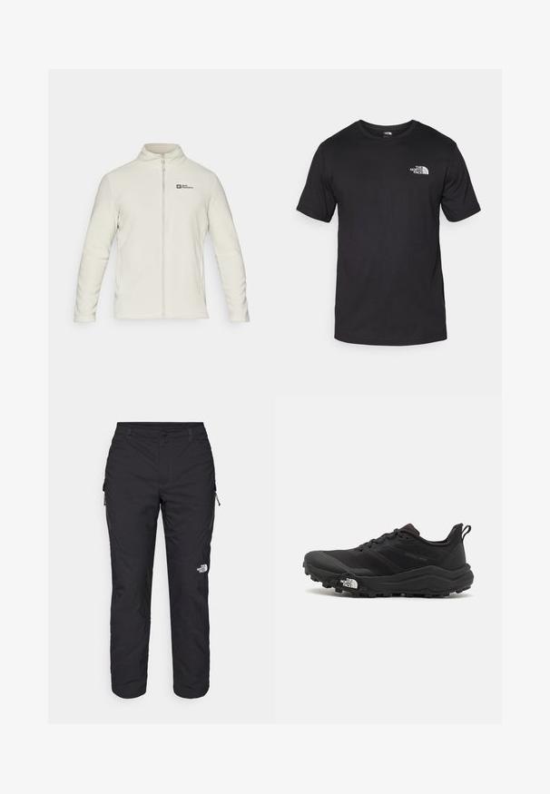 Jack Wolfskin TAUNUS - Polárdzseki - seal; Fekete rövidujjú pamut póló, kerek nyakkivágással, a bal felső mellkason egy kis fehér logóval.; The North Face WINTER EXPLORATION TAPERED CARGO - Szabadtéri nadrágok - black; Fekete terepfutó cipő, textúrált felső résszel, gumitalppal és megerősített lábujjrészével. Párnázott bokarésszel és húzófüllel rendelkezik a könnyű felhúzáshoz.