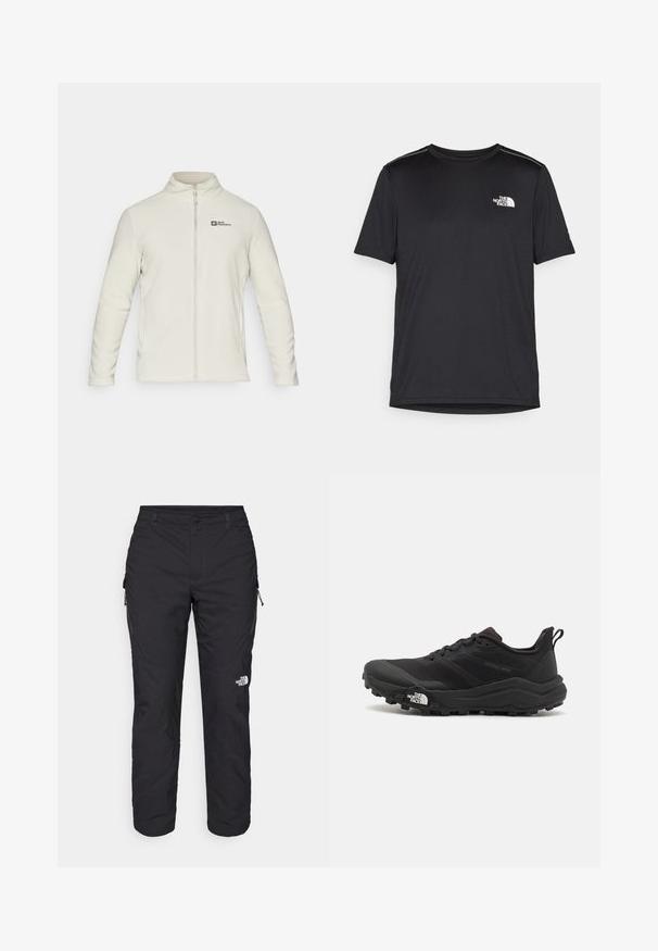 Jack Wolfskin TAUNUS - Forro polar - seal; Camiseta negra de manga corta hecha de tejido ligero. Presenta un pequeño logo blanco en el lado izquierdo del pecho y sutiles acentos en los hombros.; The North Face WINTER EXPLORATION TAPERED CARGO - Pantalones montañeros largos - black; Zapatilla de trail running negra con upper texturizado, suela de goma y puntera reforzada. Presenta un collar acolchado y una lengüeta para poner y quitar fácilmente.