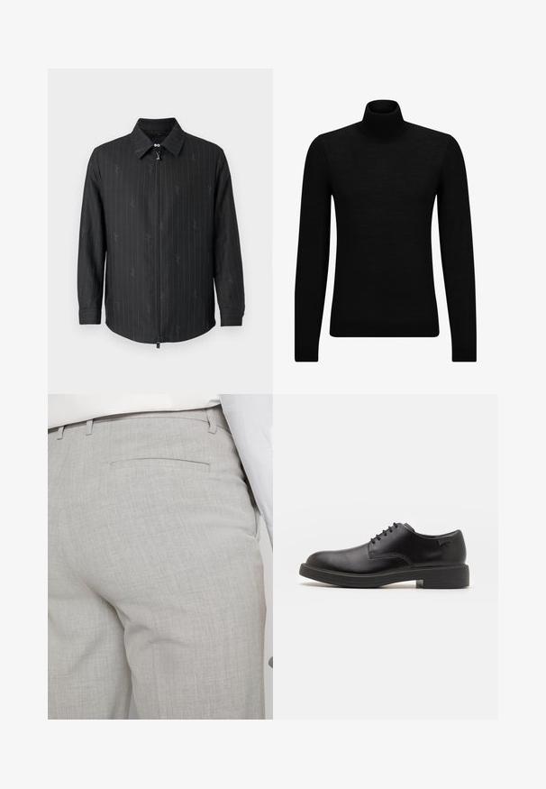 Černá zipová bunda s límcem, která má jemné pruhy a strukturovanou tkaninu. Dlouhé rukávy s knoflíkovými manžetami a zapínání na zip vpředu.; Černý rolák vyrobený z měkkého materiálu, s dlouhými rukávy a těsným střihem. Hladký lem na spodním okraji a manžetách. Jednoduchý design.; Světlounce šedé kalhoty na míru z texturované látky, s jednou zadní kapsou a čistým prošitím.; Černé kožené šněrovací boty s kulatou špičkou, hladkým povrchem, minimálním prošíváním a nízkým gumovým podpatkem. Logo na patě.
