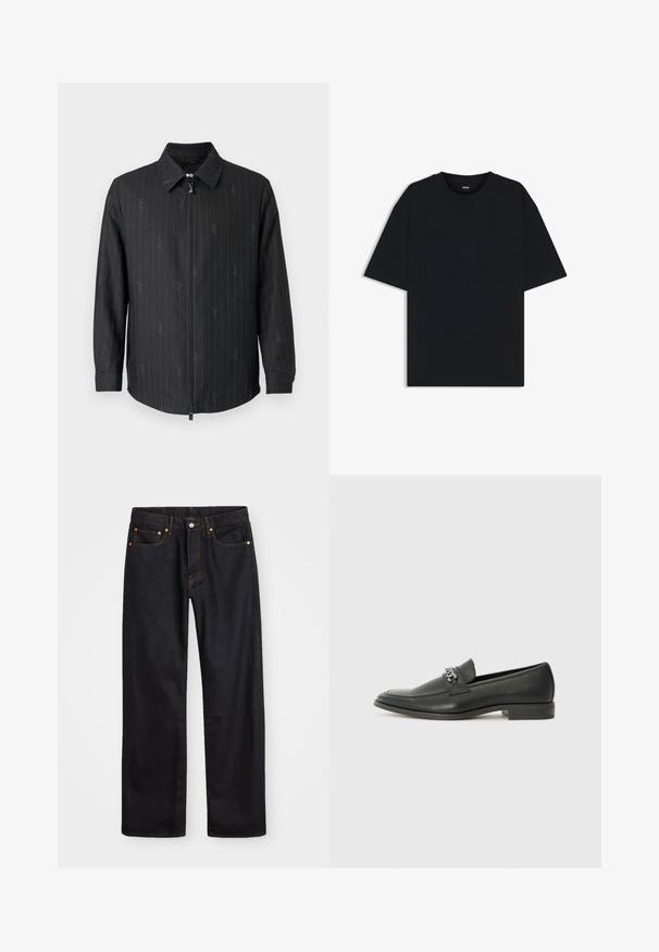 Veste zippée noire avec col, comportant de subtils rayures fines et un tissu texturé. Manches longues avec poignets boutonnés et fermeture éclair à l'avant.; T-shirt en coton noir à col rond et à manches courtes. Présente une coupe ample et un design simple sans motifs ni accents.; Jean en denim noir pour hommes, coupe droite, avec cinq poches et surpiqûres orange, fermeture par bouton et zip à la taille avant.; Mocassin en cuir noir avec une finition lisse, présentant un design cousu et une accent décoratif en chaîne métallique sur le rand. Talon plat.