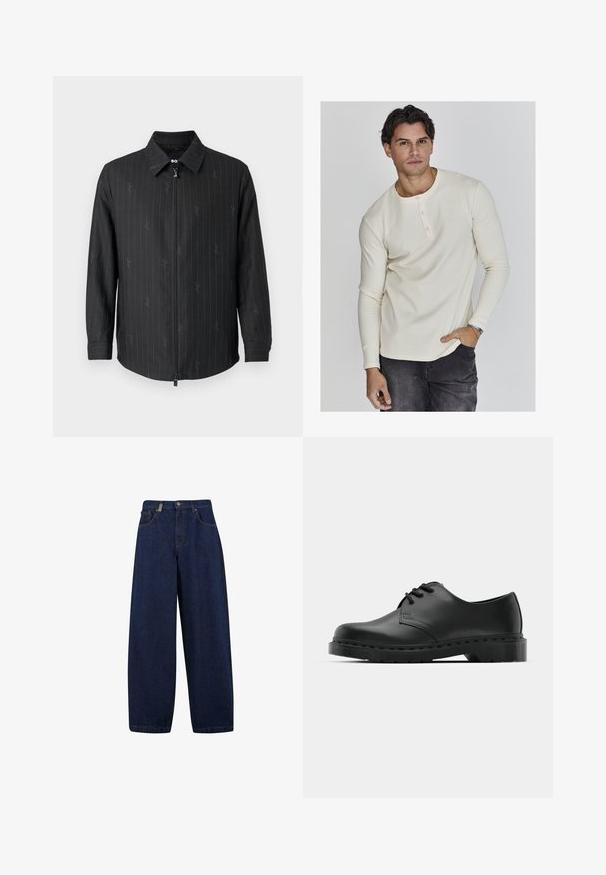 Sort zip-jakke med krave, der har subtile striber og et struktureret stof. Lange ærmer med knapmanchetter og en lynlåslukning foran.; Langærmet cremefarvet ribbet henley-shirt med rund halsudskæring, tre-knaps lukning og tætsiddende manchetter, parret med mørke jeans.; Løse, mørkeblå denimjeans med høj talje, frontlommer og lige ben. Inkluderer sølvfarvet hardware og minimal syning.; Sorte læder oxford-sko med snørebåndsdesign, rund tå, flad gummisål og subtil syning langs overdelen.