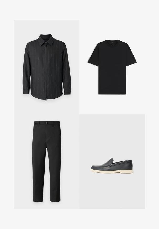 Schwarze Zip-Jacke mit Kragen, die feine Nadelstreifen und einen strukturierten Stoff aufweist. Lange Ärmel mit geknöpften Manschetten und einem Reißverschluss vorne.; Schwarz T-Shirt mit kurzen Ärmeln aus einem glatten Baumwollmix, mit Rundhalsausschnitt und einem minimalistischen Design ohne Muster oder Akzente.; Schwarze Hose mit geradem Schnitt, aus glattem Stoff gefertigt. Verfügt über einen Knopfverschluss und Gürtelschlaufen. Keine sichtbaren Muster oder Akzente.; Schwarze Leder-Slipper mit strukturiertem Finish und einer kontrastierenden beige Gummisohle. Mit einem dezenten Akzent an der Vorderseite.