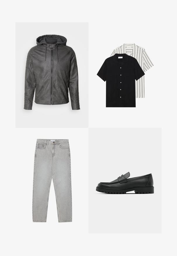 Veste en cuir grise avec capuche grise amovible, fermeture éclair à l'avant et accents côtelés sur les épaules et les poignets. Texture lisse, design épuré.; Deux chemises à manches courtes : l'une noire unie, l'autre blanche avec des rayures verticales noires. Les deux ont des boutons et un col classique.; Pantalon en denim gris clair avec une coupe droite, cinq poches et une fermeture à bouton. Coutures visibles le long des coutures.; Mocassins en cuir noir à bout arrondi, avec un design cousu, une semelle plateforme basse et une semelle en caoutchouc texturée et crantée.