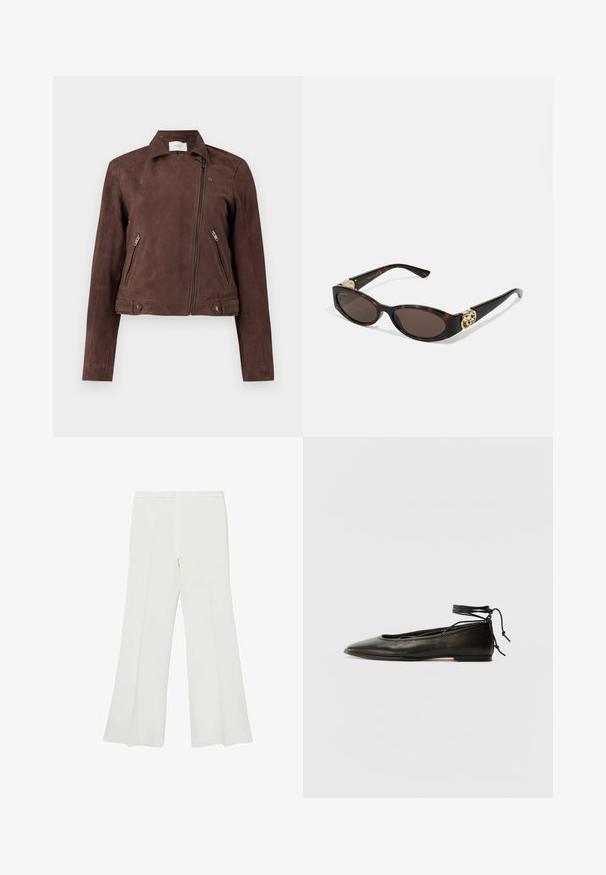 Rjava zamakna motoristična jakna z zadrgo spredaj, z gumbom na ovratniku, dvema stranskima žepoma z zadrgo in gumbnimi detajli na robu. Gladka tekstura.; Rjava bombažna majica s kratkimi rokavi, sproščenega kroja, okroglega ovratnika, z majhnim belim vezenim napisom na levem prsnem delu.; Bele hlače s flared oblikovanjem, ki se ponašajo z gladko teksturo in čistimi linijami, imajo srednje visok pas in brez vidnih dodatkov ali vzorcev.; Črne usnjene baletne čevlje s koničastim nosom, vezi okrog gležnja in ravnim podplatom, ki se ponašajo z gladko teksturo in minimalističnim dizajnom.; Kornjačaste sunčane naočale s izduženim ovalnim lećama, smeškim tonovima, zlatnim logotipom na drškama i elegantnim crnim rukohvatima.; Rjava usnjena torbica z dvema trdnima ročkama, pravokotne oblike, gladke teksture in zadrgo. Minimalističen dizajn brez vidnih vzorcev.