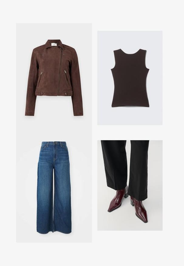 Hnědá semišová motocyklová bunda se zipovým zapínáním vpředu, klopou na druky, dvěma bočními zipovými kapsami a knoflíkovými akcenty na lemu. Hladká textura.; Bezramenný tmavě hnědý top vyrobený z měkké tkaniny. Má kulatý výstřih a hladkou texturu, bez viditelných vzorů nebo akcentů.; Modré denimové kalhoty s vysokým pasem a širokými nohavicemi, s předními kapsami, poutky na pásek, zapínáním na knoflík a viditelným švem na bílém pozadí.; Burgundské lakované kozačky po kotníky s špičatou špičkou, masivním podpatkem a texturovaným povrchem, kombinované s černými širokými kalhotami.