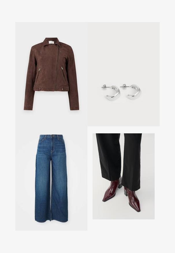 Veste de moto en daim marron avec un zip à l'avant, un col à pression, deux poches latérales avec zip et des accents de bouton sur l'ourlet. Texture lisse.; Top sans manches marron foncé en tissu doux. Doté d'un col rond et d'une texture lisse, sans motifs ou accents visibles.; Jeans en denim bleu à taille haute et jambes larges avec poches avant, passants de ceinture, fermeture à bouton et coutures visibles sur un fond blanc.; Bottines en cuir laqué bourgogne avec un bout pointu, un talon épais et une finition texturée, associées à un pantalon large noir.; Boucles d'oreilles en argent en forme de hoops avec une finition lisse et polie. Forme ronde avec un design légèrement courbé et des bords fondus. Fermeture à pin.