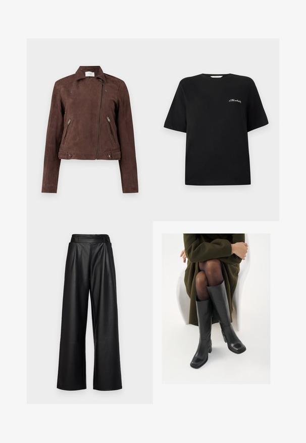 Brun suedefarget motorsykkeljakke med glidelås foran, trykknappkrage, to sidelommer med glidelås og knappdetaljer i hemmen. Glatt tekstur.; Svart bomull t-skjorte med korte ermer og rund hals. Har hvit brodert tekst på venstre brystområde. Slett tekstur.; Svarte, vide bukser laget av lær, med høy midje, folder og to sirkulære knapper foran for lukking.; Knæhøye sorte lærstøvler med firkantet tå og blokkhelt, vist med en modell som sitter iført en olivengrønn kåpe. Glatt tekstur, minimal detaljering.