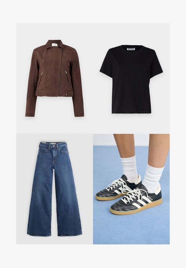 Brun suedefarget motorsykkeljakke med glidelås foran, trykknappkrage, to sidelommer med glidelås og knappdetaljer i hemmen. Glatt tekstur.; Svart t-skjorte med kort erme laget av bomull. Har en rund hals og avslappet passform. Merket leser "WEEKDAY" ved kragen.; Videben blå denim bukser med fem lommer, en knaplukning og kontrastsyninger, som har en blød og tekstureret overflade.; Sorte lærersneakers med hvite striper, rund tå, hvite snørebånd og såle av gummigummi. Fremhevet med polstret krage og merkeinfos.