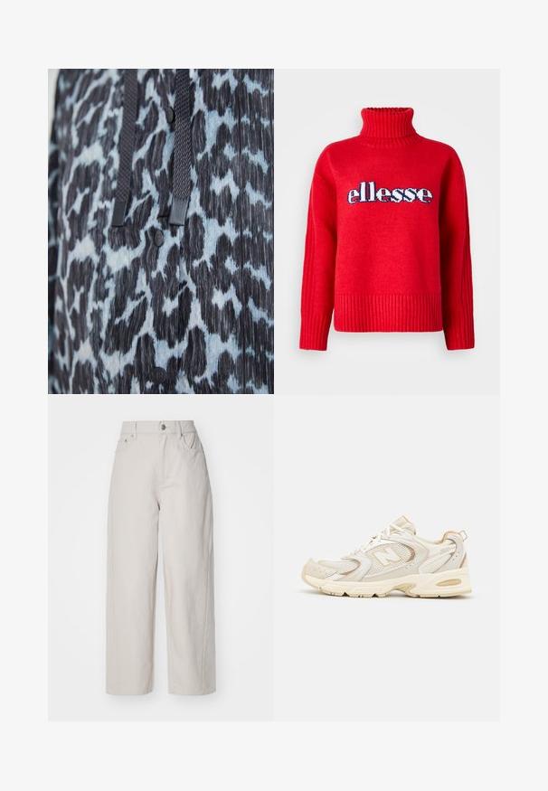 Close-up of black and blue animal print fabric with black buttons and dark braided drawstrings.; Red knitted sweater with a high ribbed collar. Features horizontal ribbing at the hem and cuffs. "ellesse" logo is prominently displayed in blue and white.; Beige wide-leg cotton trousers with a high waist, button and zipper closure, and four pockets; smooth texture with denim finish.; Beige athletic shoes with mesh and synthetic overlays, featuring a textured surface, padded collar, and "ABZORB" cushioning at the heel.