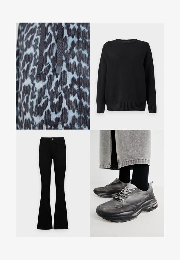 Close-up of black and blue animal print fabric with black buttons and dark braided drawstrings.; Black long-sleeve knitted sweater with ribbed crew neck, cuffs, and hem, displayed on a plain white background.; Black high-waist jeans with a button and zip closure, front pockets, and flared legs laid flat on a white background.; Black and gray athletic shoes feature a mesh upper, thick soles, and laces. They have a rounded toe and visible cushioning detail.