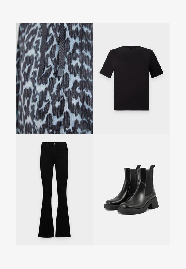 Prim-plan al unui material textil cu imprimeu animalier negru și albastru, cu butoane negre și șnururi împletite întunecate.; Tricou scurt negru cu mânecă scurtă și guler rotund, realizat dintr-un material de bumbac moale. Design simplu, fără logo-uri sau modele vizibile.; Jeans negri cu talie înaltă, cu închidere prin nasture și fermoar, buzunare frontale și picioare evazate, așezați pe un fundal alb.; Botine Chelsea din piele neagră, cu toc masiv, panouri laterale elastice și cusături albe contrastante. Finisaj texturat.