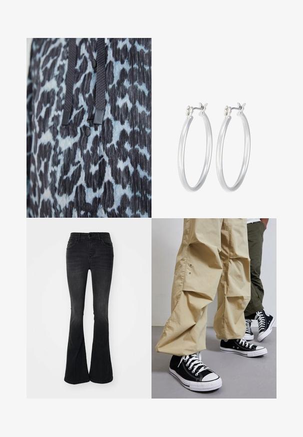 Närbild av svart och blå djurmönstrad tyg med svarta knappar och mörka flätade dragsnören.; Tre långärmade tröjor staplade: svart, grå och vit. Var och en har en rund halsringning och en kort design med mjukt, lätt material.; Svarta utsvängda jeans i denim, med hög midja, framfickor, knappstängning och en ren finish i fållen.; Svarta hög top sneakers i kanvas med vita gummisulor, kombinerat med ljusbeiga lösa byxor med sidofickor och avslappnad passform.; Silverfärgade hoopörhängen med en slät, polerad yta. Rund form och säker klickstängning. Lättviktig design som passar för vardagligt bruk.