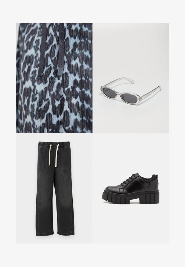 Prim-plan al unui material textil cu imprimeu animalier negru și albastru, cu butoane negre și șnururi împletite întunecate.; Top ribbed, de culoare maronie, cu mâneci lungi și gât rotund. Fabricat dintr-un material neted și elastic, cu un croi ajustat și detalii minime.; Pantaloni din denim negru cu croială lejeră, prevăzuți cu talie elastică și șnur crem, două buzunare frontale și detalii vizibile de cusături.; Pantofi cu talpă plată din piele neagră, cu toc gros, vârf rotund și design tradițional cu șireturi. Prezintă o textură netedă și detalii minime.; Ochelari de soare cu formă ovală, ramă din plastic transparent, lentile gri închis și brațe subțiri transparente cu accente de logo și detalii minime.