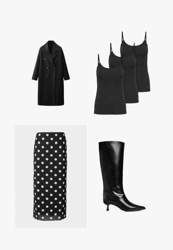 Schwarzer Woll-Trenchcoat mit doppelreihigem Design, breiten Revers und drei großen Knöpfen. Verfügt über lange Ärmel und einen geraden Schnitt.; Schwarze Trägertops im Dreierpack, aus weichem, elastischem Baumwollmaterial. Mit dünnen, verstellbaren Trägern und einem klassischen, figurbetonten Schnitt.; Schwarzer Midirock mit Pünktchen aus leichtem Stoff mit weißen kreisförmigen Mustern, ausgestattet mit einem taillierten Bund und einem subtilen gewellten Saum.; Schwarze Lederstiefel bis zum Knie mit spitzem Zehenbereich, schlanker Silhouette und niedrigem Blockabsatz mit glänzender Oberfläche.
