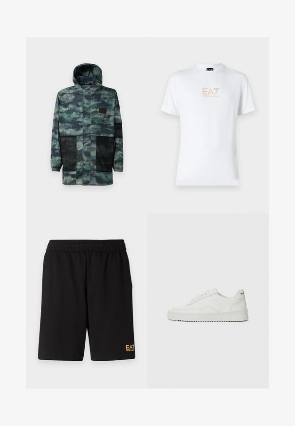 Αδιάβροχο μπουφάν σε πράσινο καμουφλάζ, με πλέξιμο στις πλευρικές τσέπες, κουκούλα με κορδόνι και μπροστινό φερμουάρ με κλείσιμο φλάντζας.; Λευκό βαμβακερό t-shirt με στρογγυλή λαιμόκοψη και κοντά μανίκια, με χρυσό λογότυπο EA7 Emporio Armani τυπωμένο μπροστά.; Μαύρες αθλητικές βερμούδες από μαλακό ύφασμα, με ελαστική μέση και μικρό λογότυπο EA7 στο κάτω αριστερό πόδι.; Λευκό δερμάτινο sneakers με λείο φινίρισμα, στρογγυλή μύτη, επίπεδα κορδόνια και υφή στην σόλα. Φέρει μια διακριτική λογότυπο στη φτέρνα.