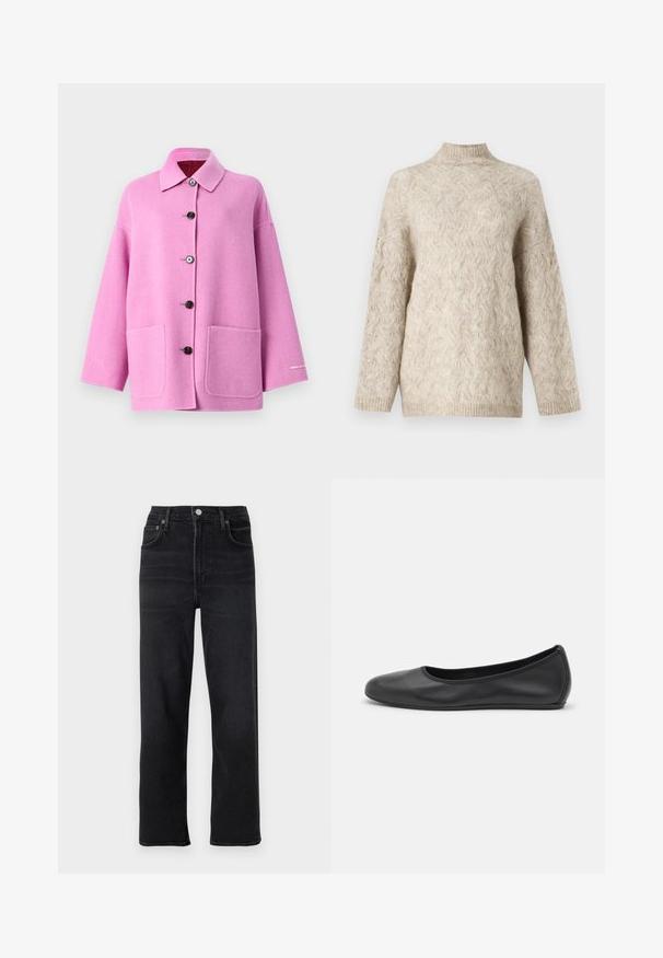 Lyserød uldjakke med kravehals, lange ærmer, frontknapper, to store lommer og en lille mærke accent tæt på kanten.; Beige strikket sweater med høj hals, der har et tekstureret kabelmønster og løse ærmer. Lavet af blødt, fluffy garn.; Sorte lige jeans lavet af denim. Har fem lommer, en knap- og lynlåslukning samt diskrete syninger.; Sort læderballetsko med rund tå, glat tekstur, minimal syning og et fleksibelt såldesign.