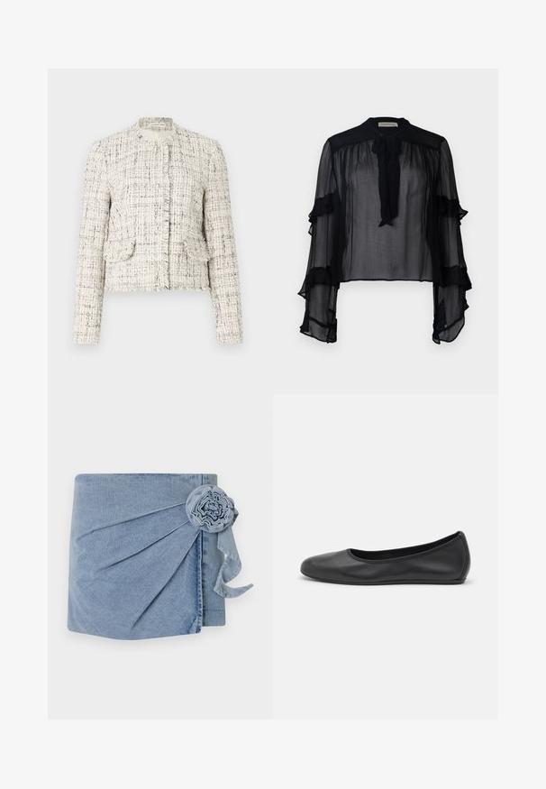 Jachetă albă din tweed cu stropi negri, cu guler rotund, margini tocite, două buzunare frontale și închideri cu butoane argintii.; Bluză neagră transparentă cu mâneci lungi, volănașe și guler cu fundă. Prezintă un material ușor și o croială lejeră, potrivită pentru a fi purtată în straturi.; Rochie din denim cu o nuanță albastru deschis, cu plisaje intricate și un accent decorativ sub formă de floare, cu o panglică căzută. Textură moale și design casual.; Balerini din piele neagră, cu vârf rotund, textură netedă, detalii de cusătură minimale și un design al tălpii flexibil.