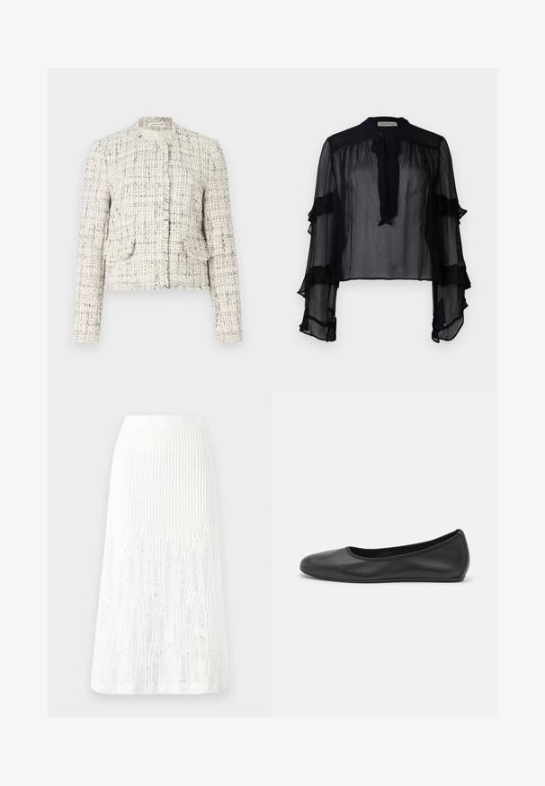 Balta audinio švarkas su juodais taškais, turintis apvalų kaklą, nelygiais kraštais, dviem priekiniams kišenėms ir sidabriniais mygtukais.; Juoda permatoma palaidinė su ilgomis, raukšlėtomis rankovėmis ir kaklo kaklaraiščiu. Pagaminta iš lengvos medžiagos ir laisvų kirpimų, tinkama sluoksniavimui.; Balta megzta midi sijoninė su tekstūruotu raštu, vertikaliomis linijomis ir išpjovomis arti apatinės dalies. Elastinga juostos dalis. Minkšta medžiaga.; Juodai odiniai baletai su apvaliu pirštu, lygi texture, minimalus siuvimo detales ir lanksčiu padų dizainu.