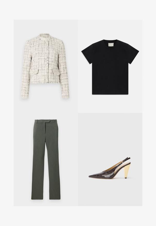 Bela tweed jakna s črnimi pikami, z okroglim izrezom, rabljenimi robovi, dvema sprednjima žepoma in srebrnimi gumbi.; Črna kratka majica s kratkimi rokavi in krožnim izrezom, z belim etiketom znotraj ovratnika, označenim z "D.R.C. EST. 2002", na belem ozadju.; Temno sivi kostimski hlače s črtastim vzorcem, z zankami za pas in ravnim krojem, razporejene na belem ozadju.; Slingback peto s koničastim nosom, v temno rjavi sijoči umetni krokodilji usnjeni različici. Ima zlate geometrijske pete in nastavljiv ankel trak.