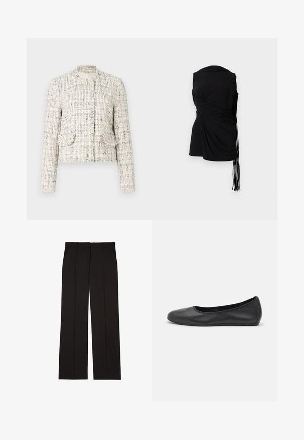 Fehér tweed dzseki fekete foltokkal, kerek nyakkal, foszlott élekkel, két elülső zsebbel és ezüst gombos záródással.; Fekete ujjatlan felső, fodros anyaggal, oldalsó gyűjtéssel és megnyúlt frufru részletekkel, sima textúrával és testéhez simuló fazonnal.; Fekete, sima anyagból készült, szabott nadrág, egyenes vonalú szabással és két oldalsó zsebbel. Elegáns és minimalista kialakítás.; Fekete bőr balettcipő lekerekített orral, sima tekstúrával, minimális varrással és rugalmas talp kialakítással.