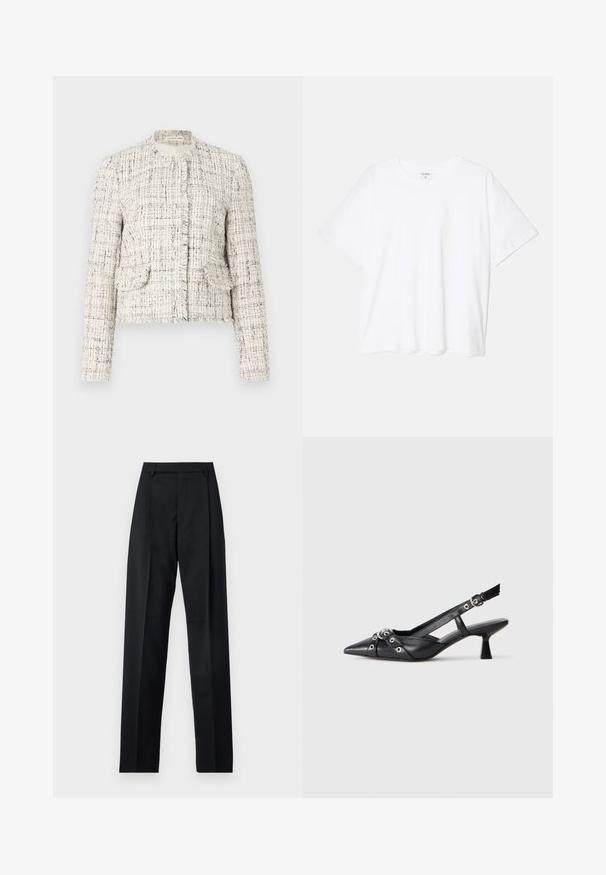 Casaco de tweed branco com manchas pretas, apresentando um decote redondo, bordas desfiadas, dois bolsos frontais e fechos em botão prateados.; T-shirt de algodão branco com mangas curtas, decote redondo, corte descontraído e bainha cosida. Etiqueta visível no interior do pescoço.; Calças pretas feitas de um tecido suave, com uma cintura alta, pernas largas, pregas frontais e passadores de cinto clássicos. Não há bolsos laterais visíveis.; Sapato slingback em couro preto com biqueira fina, tiras decorativas com ilhós de metal e um pequeno salto quadrado. Superfície texturizada.