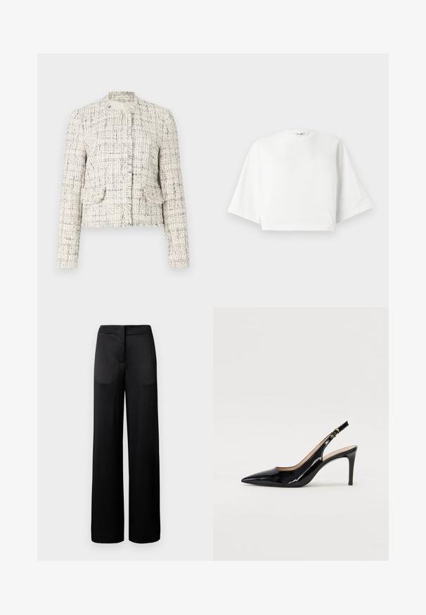 Valge tweed jakker, millel on mustad täpid, ümar kaelus, fraktsioonilised ääred, kaks esistoodet ja hõbedased nööbid.; Valge lühikese varrukaga, lõdva istumisega, lühike t-särk, ümar kaelus ja küljetagused, valmistatud pehmest puuvillast materjalist.; Laiad mustad püksid tekstureeritud pinnaga, millel on lame vöökoht ja kaks kül pocketit. Kangas näib kergena ja voolavana.; Must hõbedavärvi patendiga slingback kontsakingad terava varbaga, kitsas konts ja peene lõikega disain. Statistika on kuldne pandla rihmal.