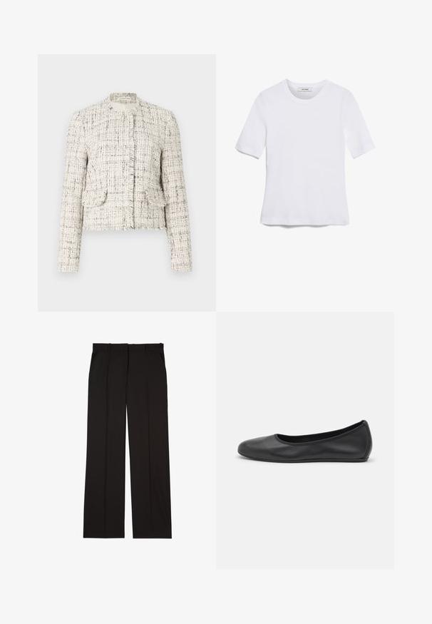 Balta tweed jakete ar melnām plankumiem, ar apaļu kakla izgriezumu, nokareniem malām, divām priekšējām kabatām un sudraba pogu aizdariem.; Balta īsām piedurknēm T-krekls, izgatavots no ribota auduma. Apaļš izgriezums, regulāra piegriezuma un diskrēti šuvumu detaļas. Bez printiem vai grafikām.; Melni gludā auduma pielāgoti bikses ar taisnu kāju piegriezumu un divām sānu kabatām. Eleganta un minimālistiska uzbūve.; Melna ādas baleta kurpe ar noapaļotu purngalu, gludu tekstūru, minimālu šuvju detalizāciju un elastīgu zoles dizainu.